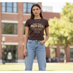 Vintage Y2K Hard Rock Cafe Hollywood‎ Tee Womens S Brown Logo Streetwear Retro